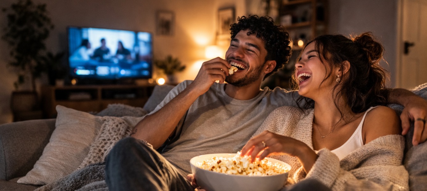 Couple enjoying Bare Kernel popcorn on movie night